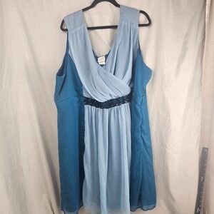 Candlelight & Champagne Blue Bead Empire Waist Dress 32W Plus Size Formal V-Neck
